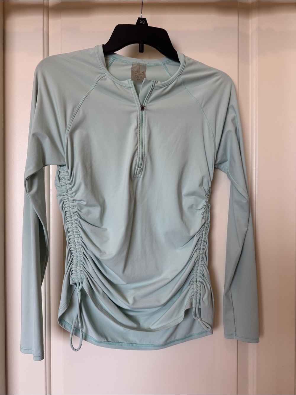 Calia Women's Long-Sleeve Ruched Zip-Front Swim Shirt Size medium
